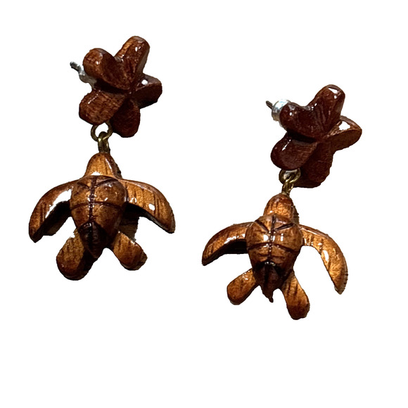Hawaiian Natural Koa Wood Beaded 18" Choker Necklace & Turtle Pierced Earrings - Picture 3 of 8